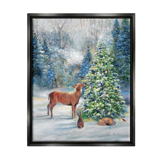 Stupell Industries Winter Woodland Animals Tree Framed Floater Canvas Wall Art